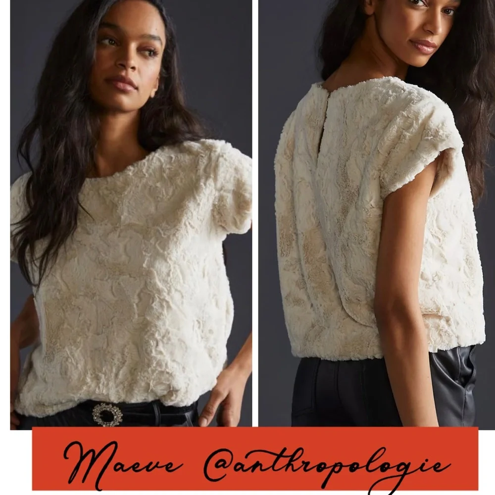 MAEVE @ ANTHROPOLOGIE Faux Fur Short Sleeve Tee, Cream, Size Large NWT - Picture 12 of 12